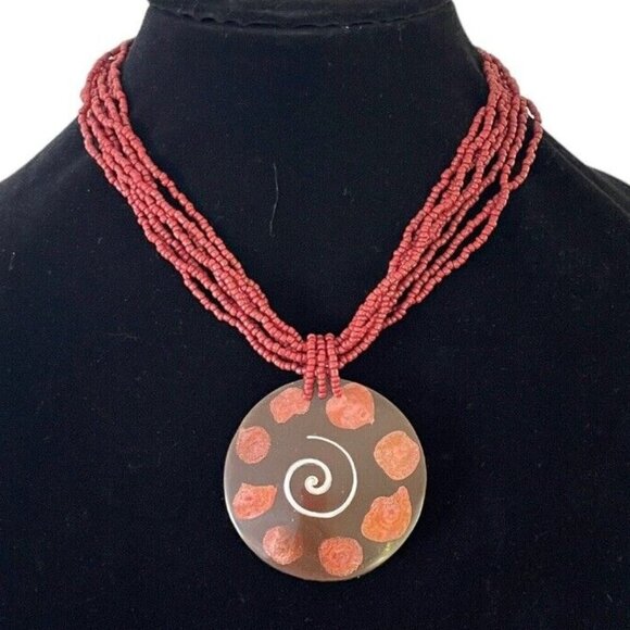 Handmade Tribal Red Beaded Multi Strand Necklace African Hippie Large Wood Charm - Picture 1 of 5